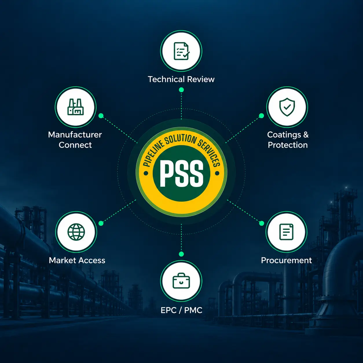 PSS specialist ecosystem — technical review, coatings & protection, procurement, EPC / PMC, market access, and manufacturer connect